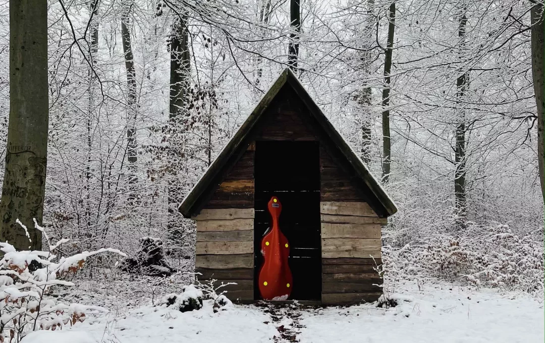 Weg van Bach rode cello in besneeuwd huisje